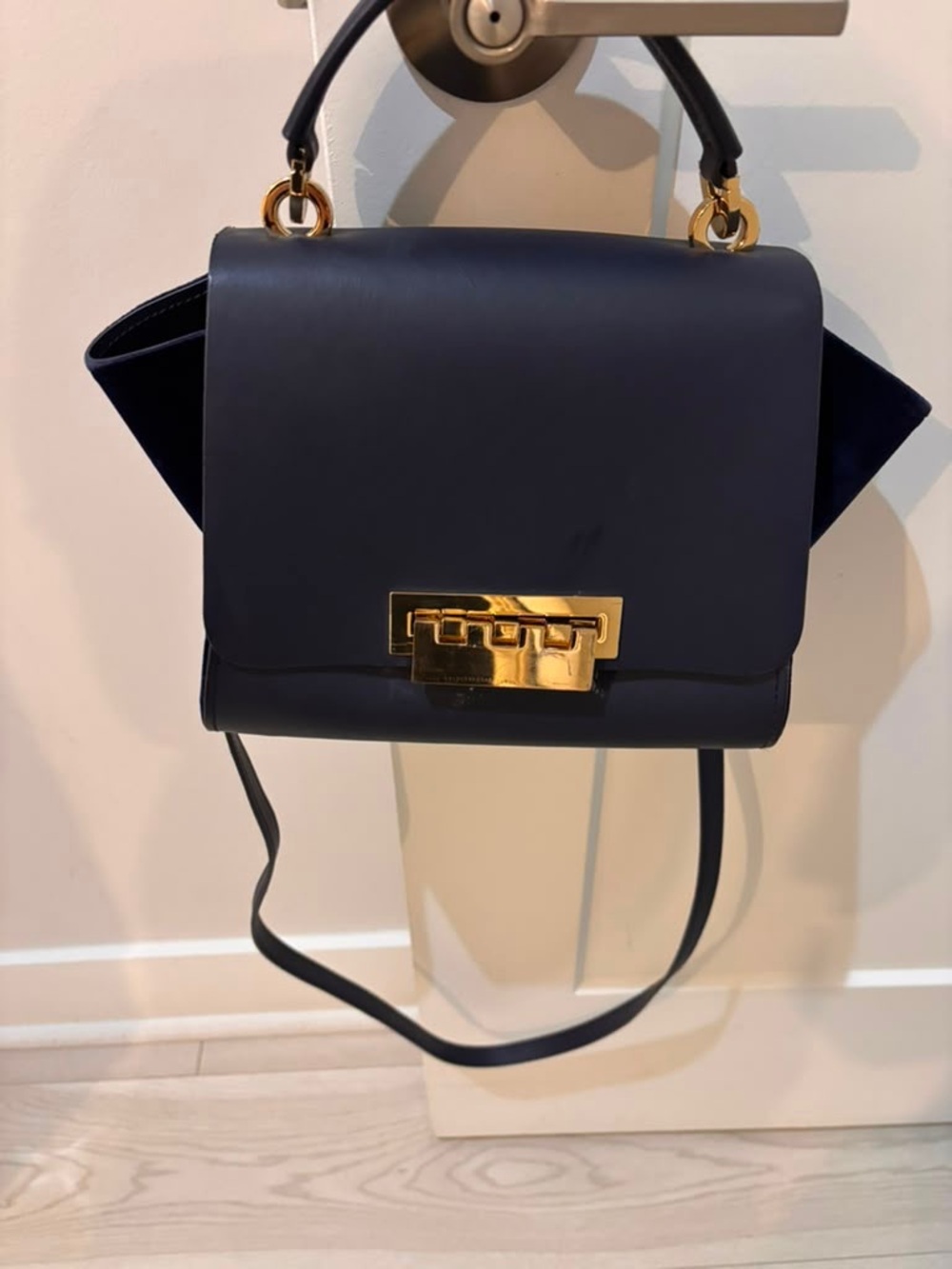 Zac Posen Navy Leather Top-Handle Crossbody with Gold Hardware